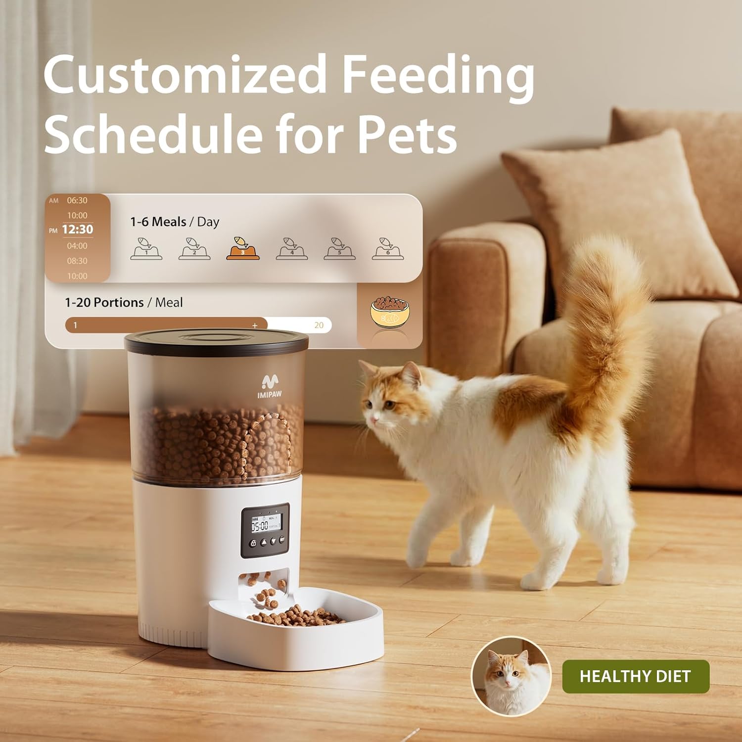 Automatic Cat Feeders, 3L Timed Cat Dry Food Dispenser with Desiccant Bags, Dual Power Supply, Programmable Portion Size, 6 Meals, 20 Portions per Day, Auto Pet Feeder for Cats and Small Dogs