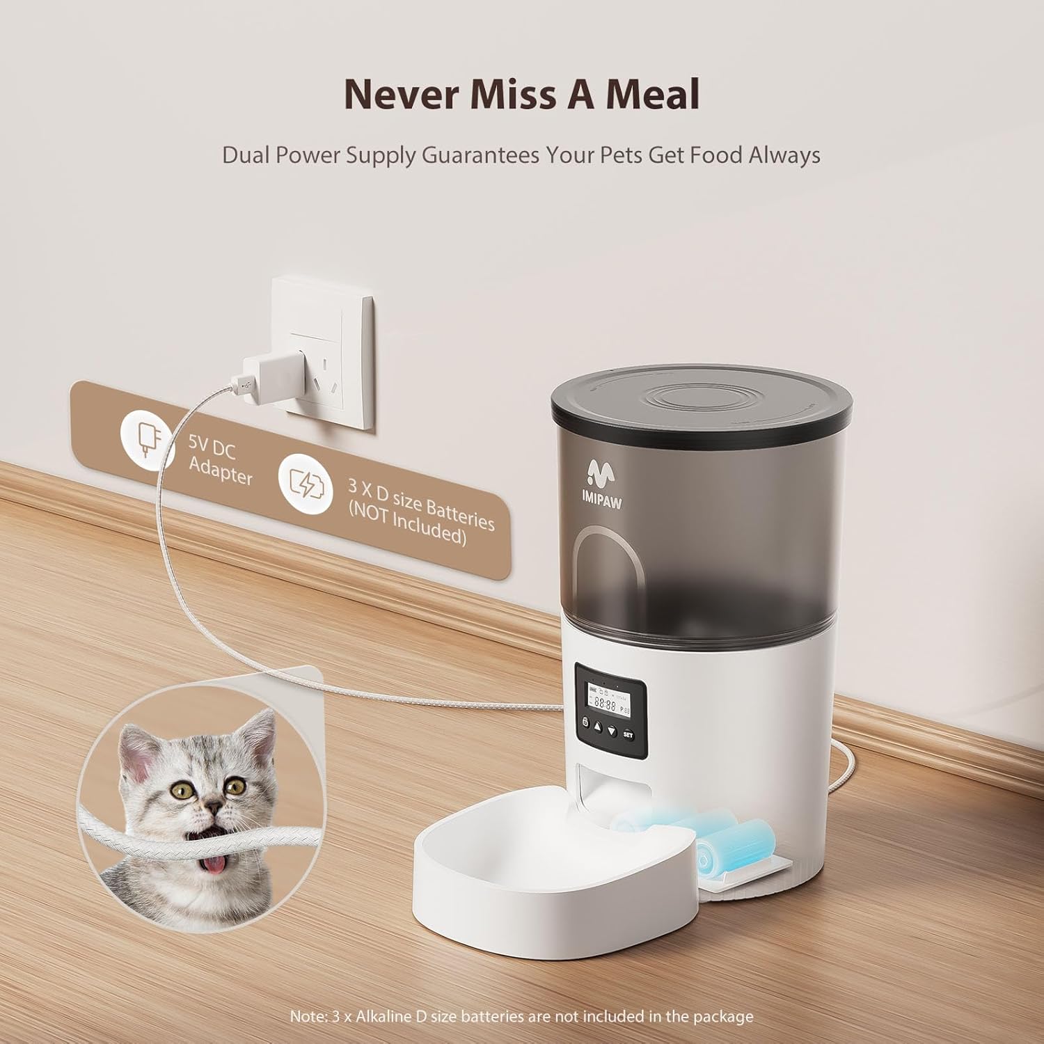 Automatic Cat Feeders, 3L Timed Cat Dry Food Dispenser with Desiccant Bags, Dual Power Supply, Programmable Portion Size, 6 Meals, 20 Portions per Day, Auto Pet Feeder for Cats and Small Dogs